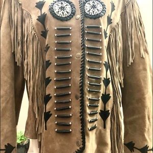 Women Beaded Fringed Tan Leather Jacket L